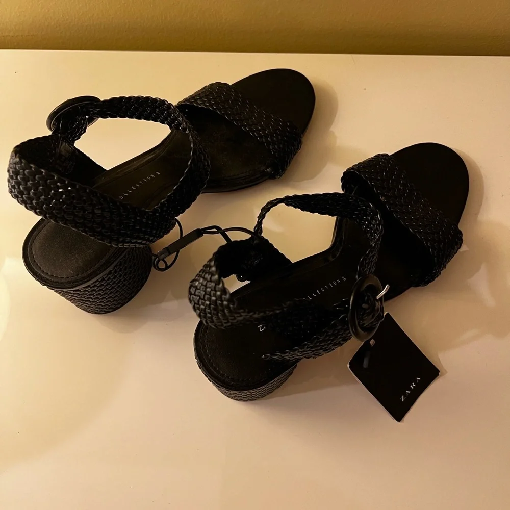 NWT Zara Black Woven Leather Women's Heeled Sandals - Picture 4 of 6